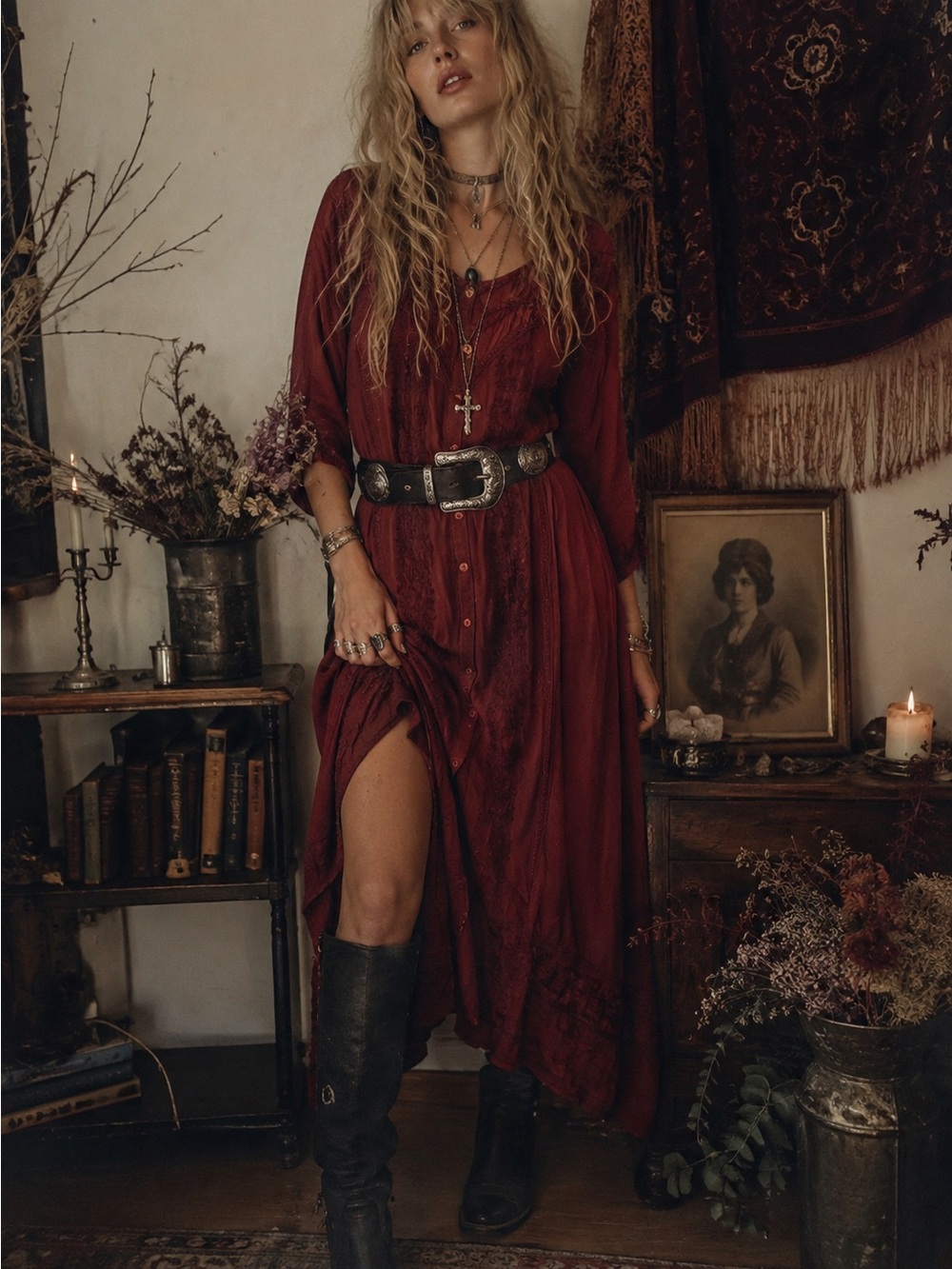 Vintage Lotus Bohemian Button-Front Crimson Whimsigoth Maxi Dress 2X Witchy